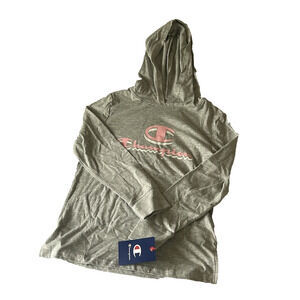 Champion Girls Lightweight Hoodie Gray Sweatshirt Pink Logo Youth Size Large